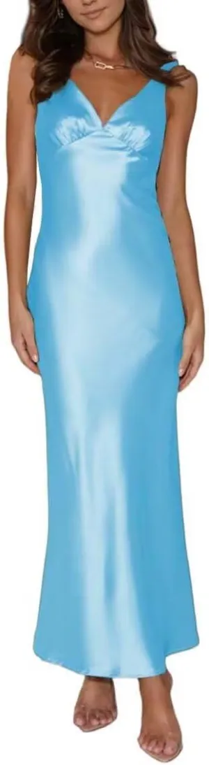 Women's Silk Satin Backless V Neck Formal Dress Sleeveless Midi Wedding Guest Evening Dresses