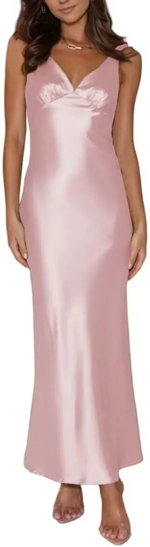 Women's Silk Satin Backless V Neck Formal Dress Sleeveless Midi Wedding Guest Evening Dresses