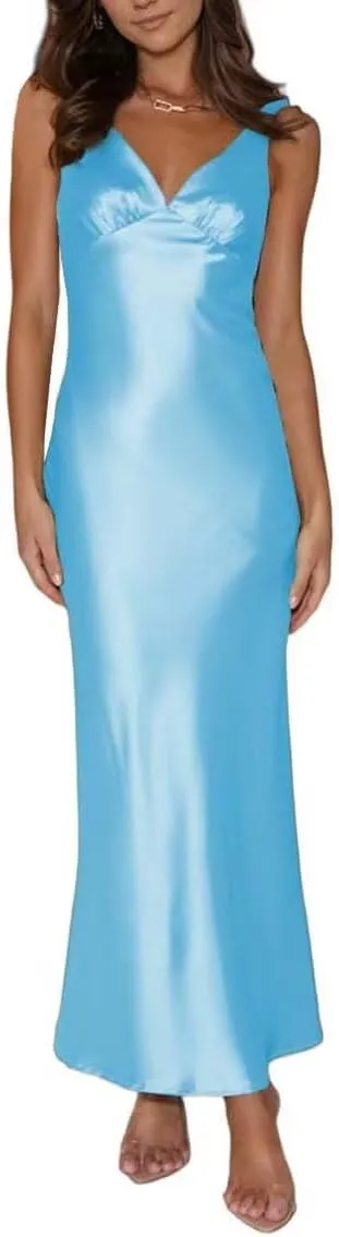 Women's Silk Satin Backless V Neck Formal Dress Sleeveless Midi Wedding Guest Evening Dresses