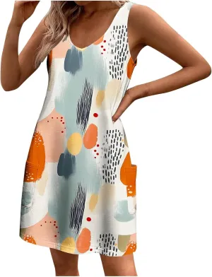 Womens Sleeveless Floral Print Mini Dress Casual Summer Sundress with Pockets Lightweight A Line Vacation Dresses