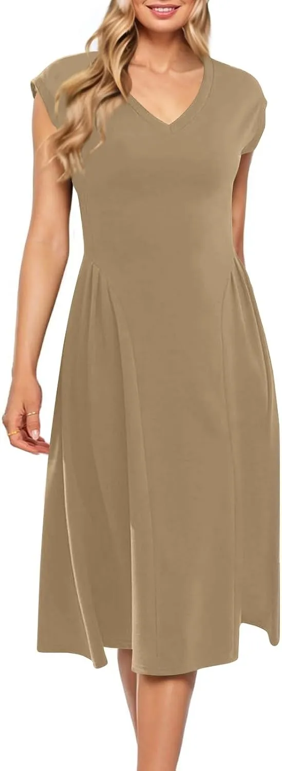 Women's Spring Dresses 2025 V Neck Cap Sleeve Solid Color Ruffle Boho Flowy Midi Beach Party Sundress Casual