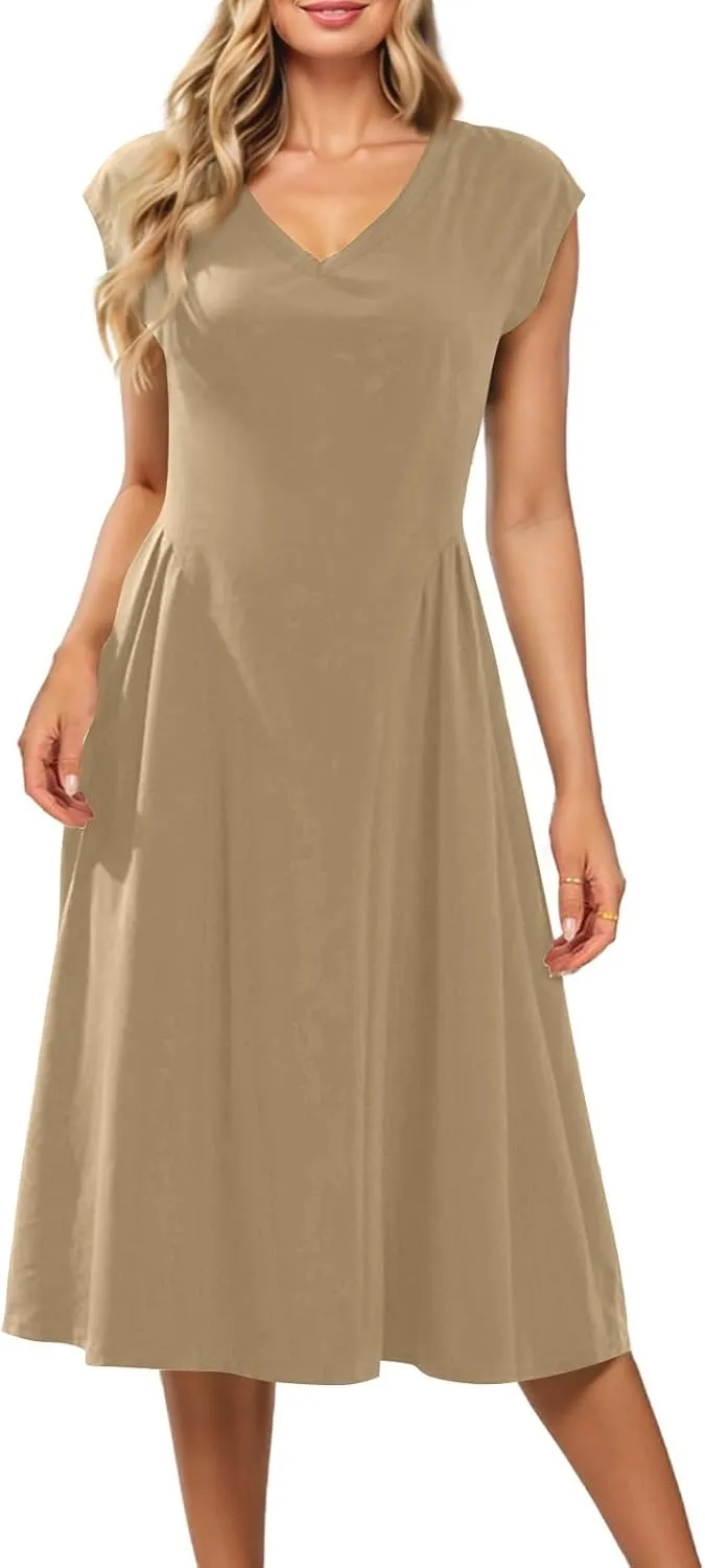Women's Spring Dresses 2025 V Neck Cap Sleeve Solid Color Ruffle Boho Flowy Midi Beach Party Sundress Casual