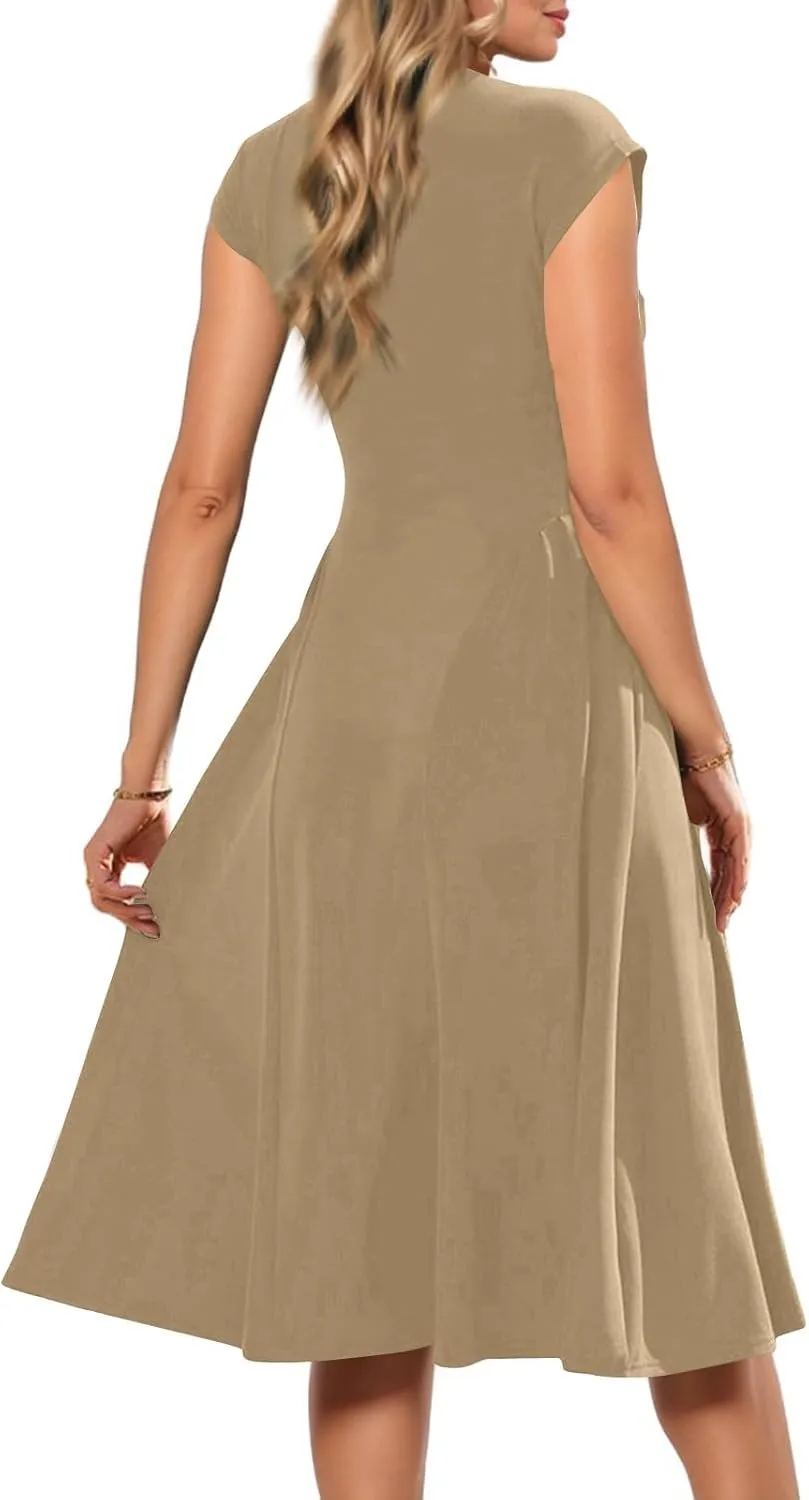 Women's Spring Dresses 2025 V Neck Cap Sleeve Solid Color Ruffle Boho Flowy Midi Beach Party Sundress Casual
