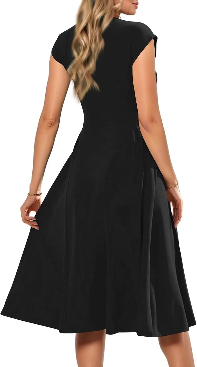 Women's Spring Dresses 2025 V Neck Cap Sleeve Solid Color Ruffle Boho Flowy Midi Beach Party Sundress Casual