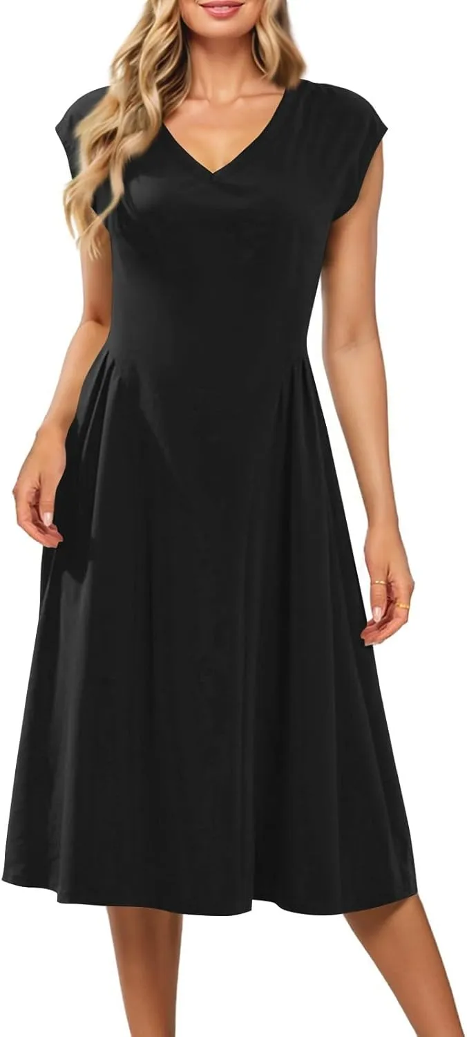 Women's Spring Dresses 2025 V Neck Cap Sleeve Solid Color Ruffle Boho Flowy Midi Beach Party Sundress Casual