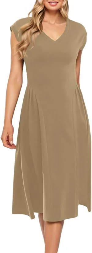 Women's Spring Dresses 2025 V Neck Cap Sleeve Solid Color Ruffle Boho Flowy Midi Beach Party Sundress Casual