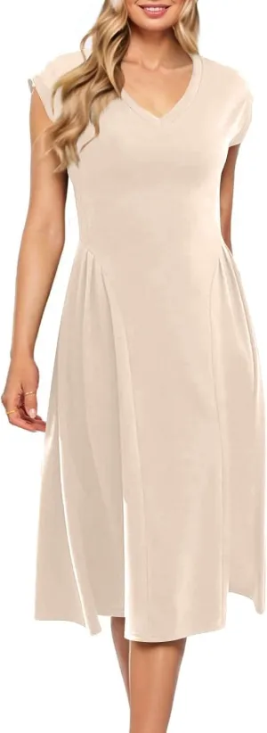 Women's Spring Dresses 2025 V Neck Cap Sleeve Solid Color Ruffle Boho Flowy Midi Beach Party Sundress Casual