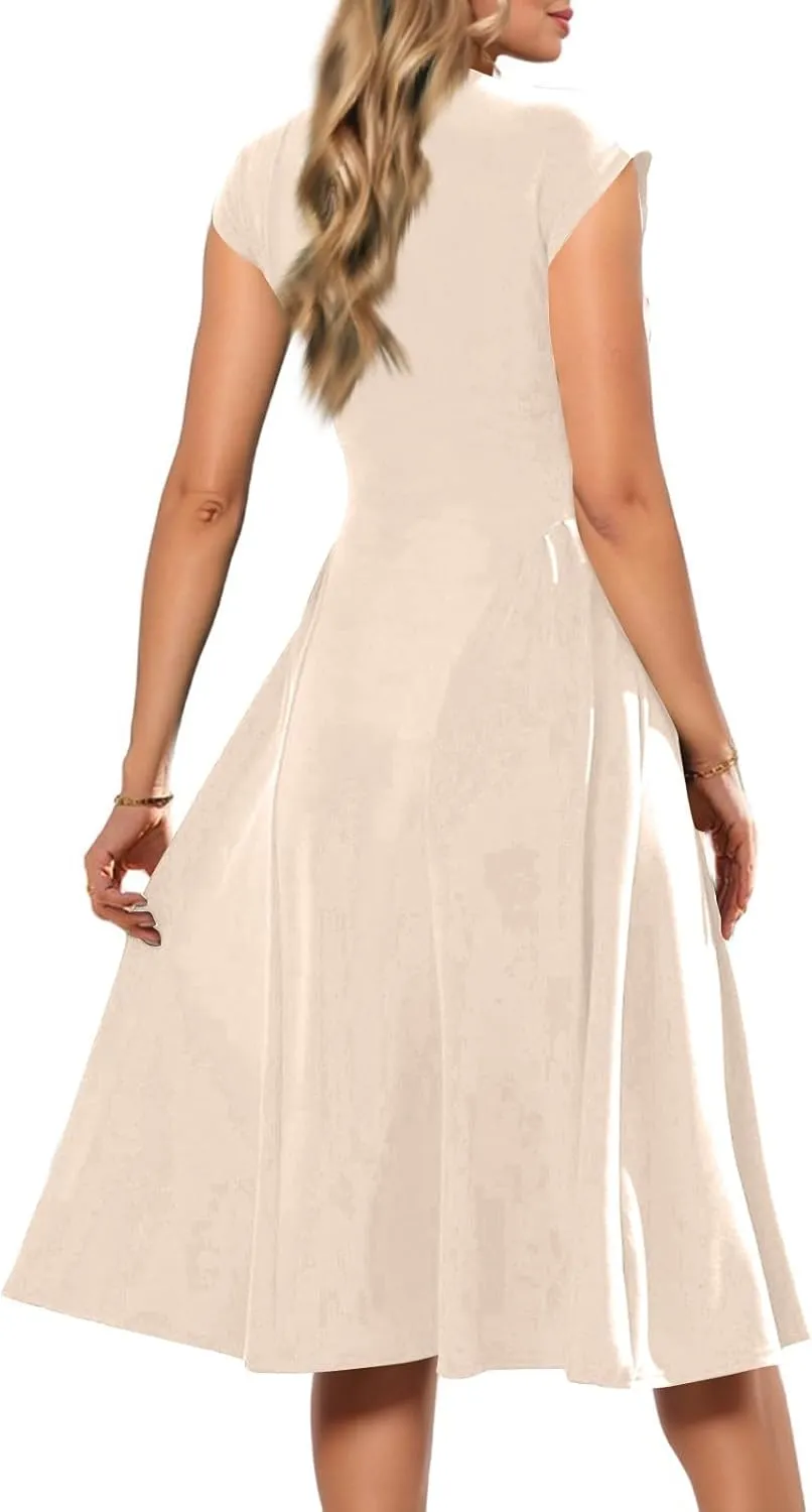 Women's Spring Dresses 2025 V Neck Cap Sleeve Solid Color Ruffle Boho Flowy Midi Beach Party Sundress Casual