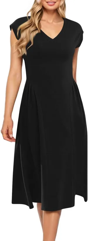 Women's Spring Dresses 2025 V Neck Cap Sleeve Solid Color Ruffle Boho Flowy Midi Beach Party Sundress Casual