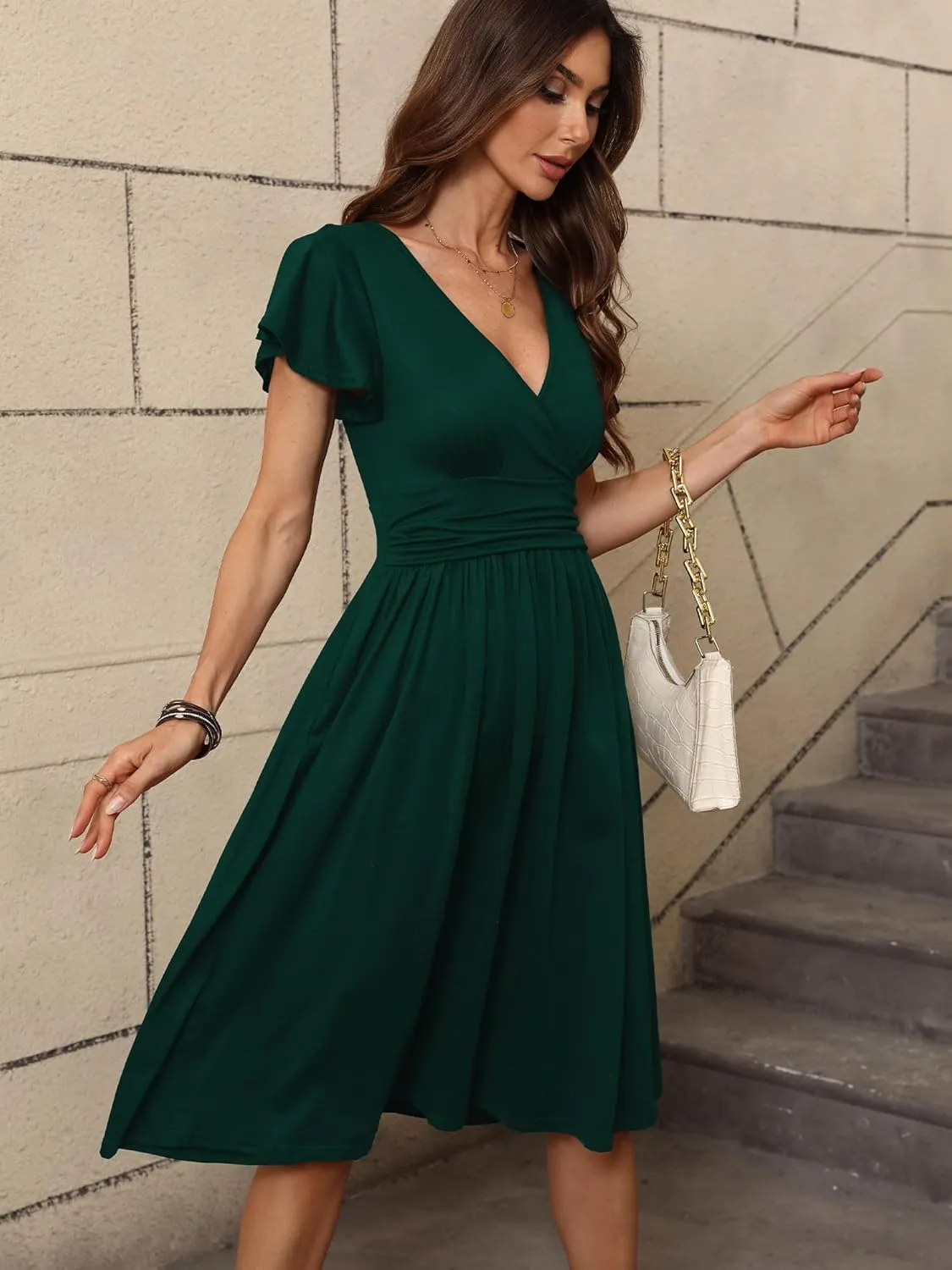Women's Spring Summer Casual Ruffle Short Sleeve Wrap V-Neck A-Line Loose Fit Swing Party Midi Dress with Pockets
