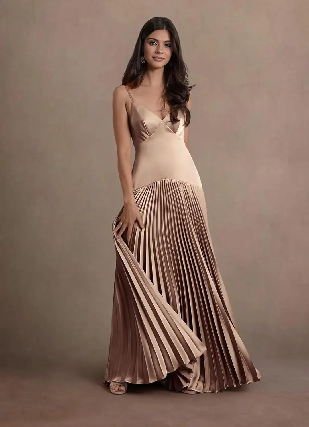 Women's Straps Bridesmaid Dresses Sleeveless Corset Satin Pleated Formal Dress 2025 LN111
