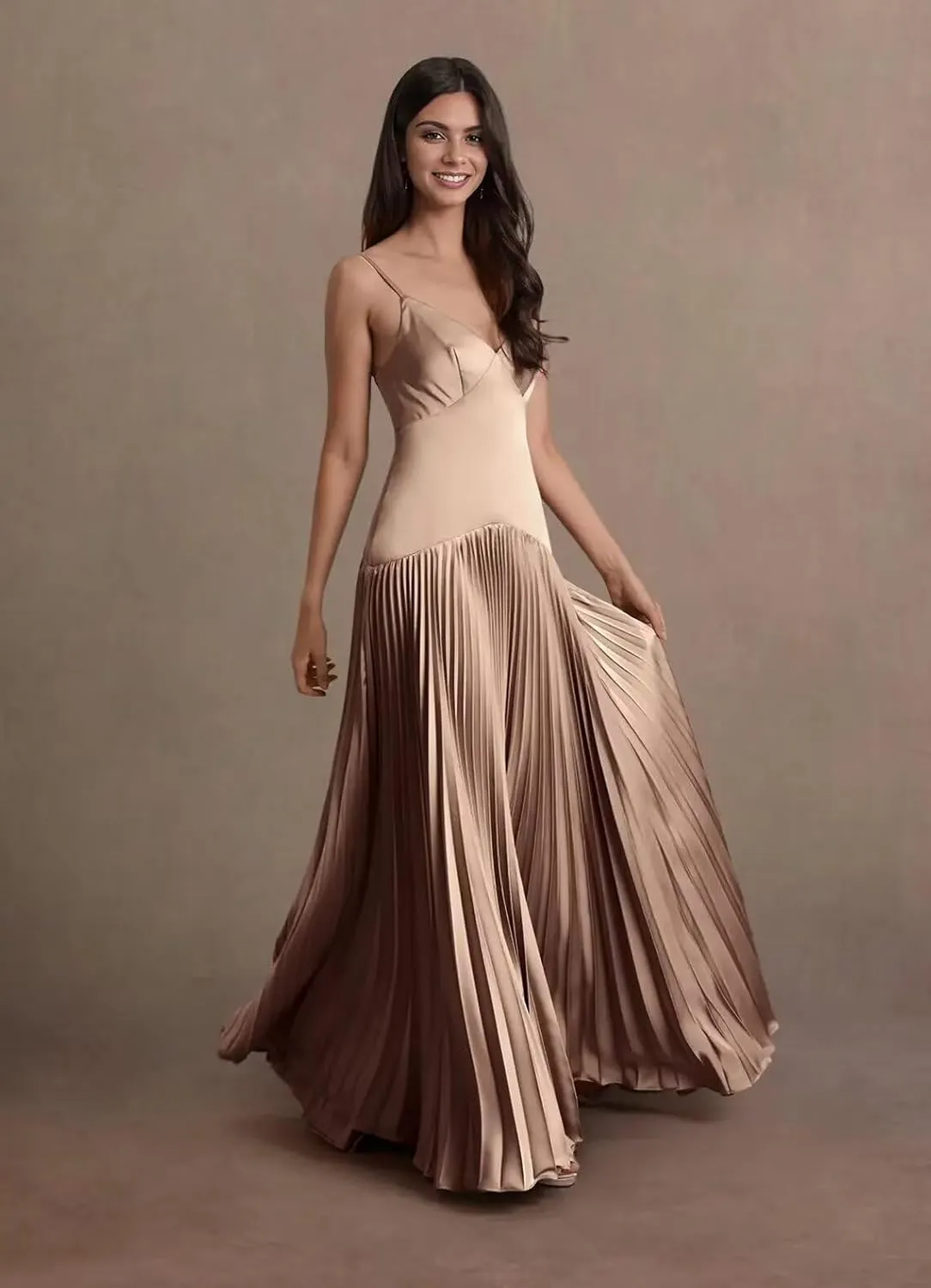 Women's Straps Bridesmaid Dresses Sleeveless Corset Satin Pleated Formal Dress 2025 LN111