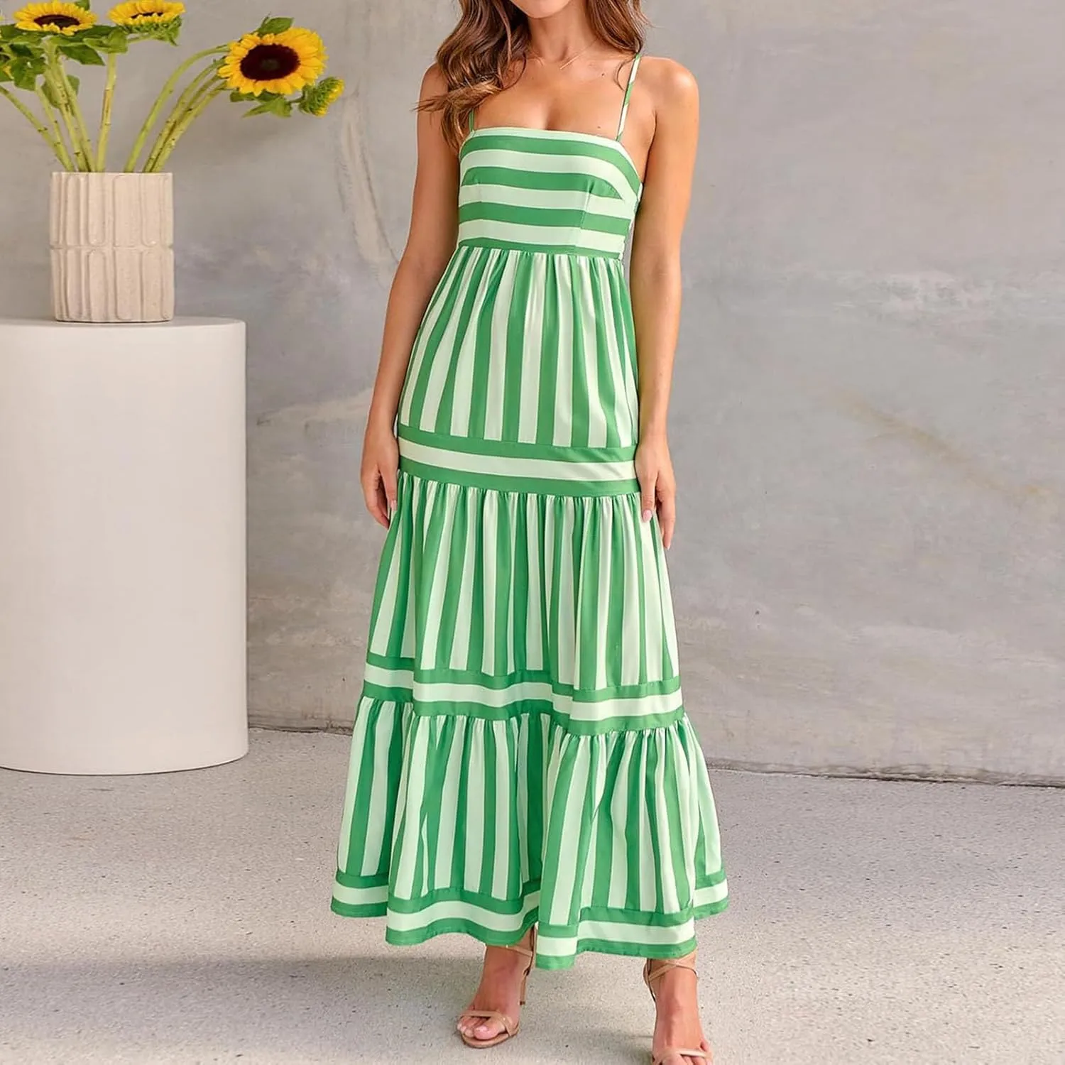 Womens Striped Maxi Dress Summer Fashion Slim Strap Sleeveless Cutout Long Dress Flowy Swing Beach Sundress 2025