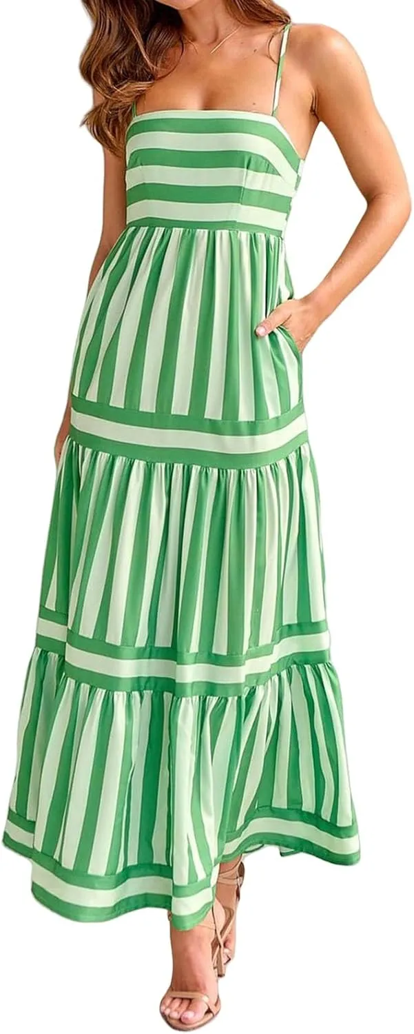 Womens Striped Maxi Dress Summer Fashion Slim Strap Sleeveless Cutout Long Dress Flowy Swing Beach Sundress 2025