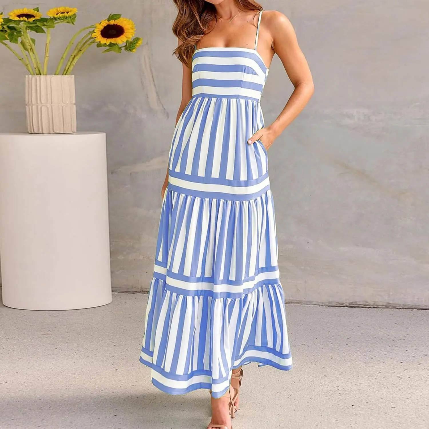 Womens Striped Maxi Dress Summer Fashion Slim Strap Sleeveless Cutout Long Dress Flowy Swing Beach Sundress 2025
