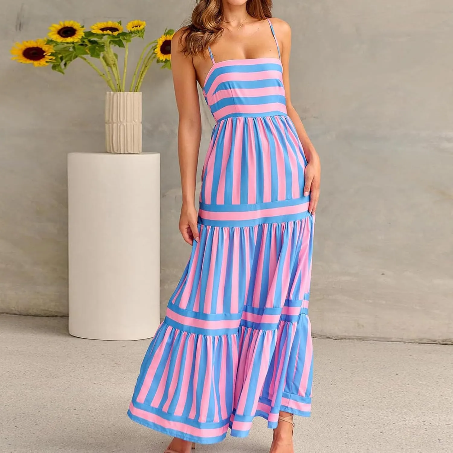 Womens Striped Maxi Dress Summer Fashion Slim Strap Sleeveless Cutout Long Dress Flowy Swing Beach Sundress 2025