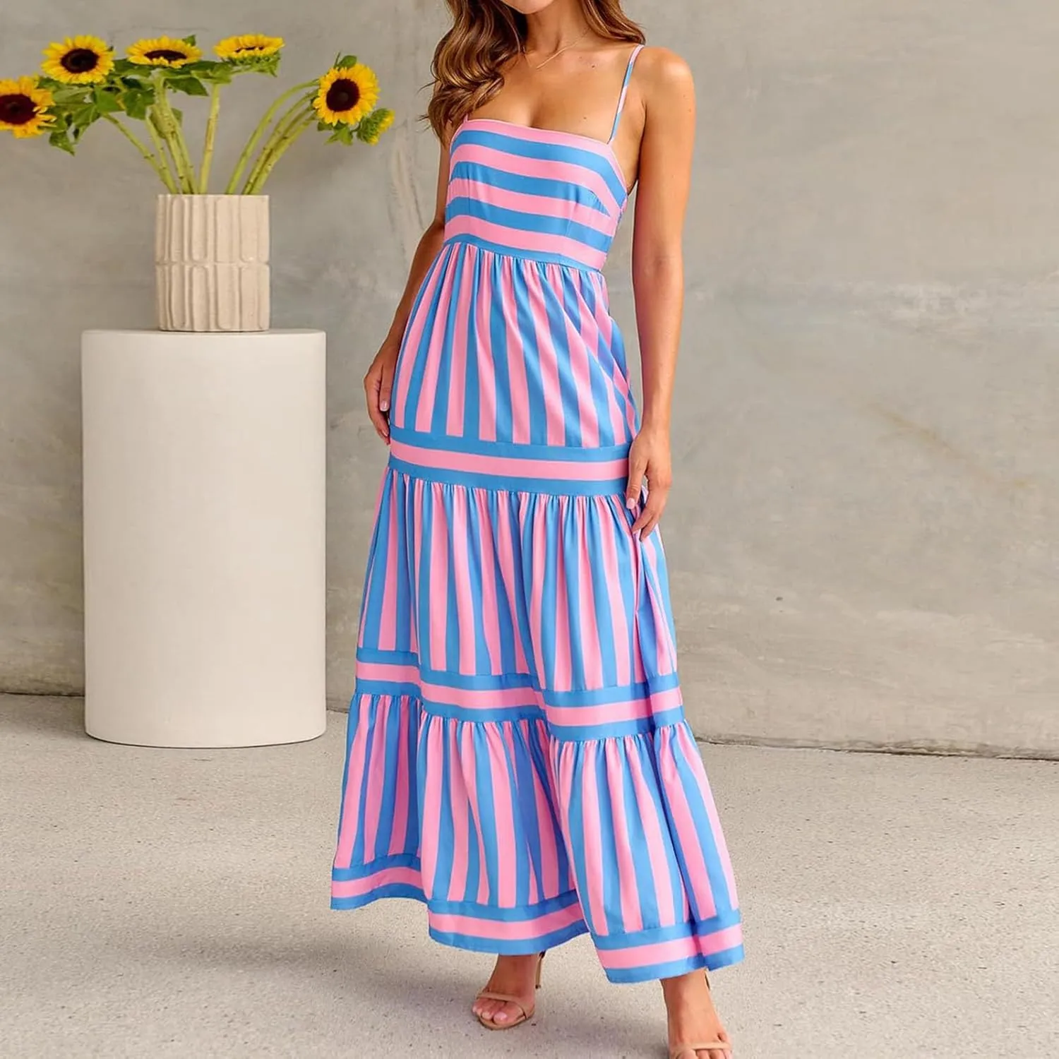 Womens Striped Maxi Dress Summer Fashion Slim Strap Sleeveless Cutout Long Dress Flowy Swing Beach Sundress 2025