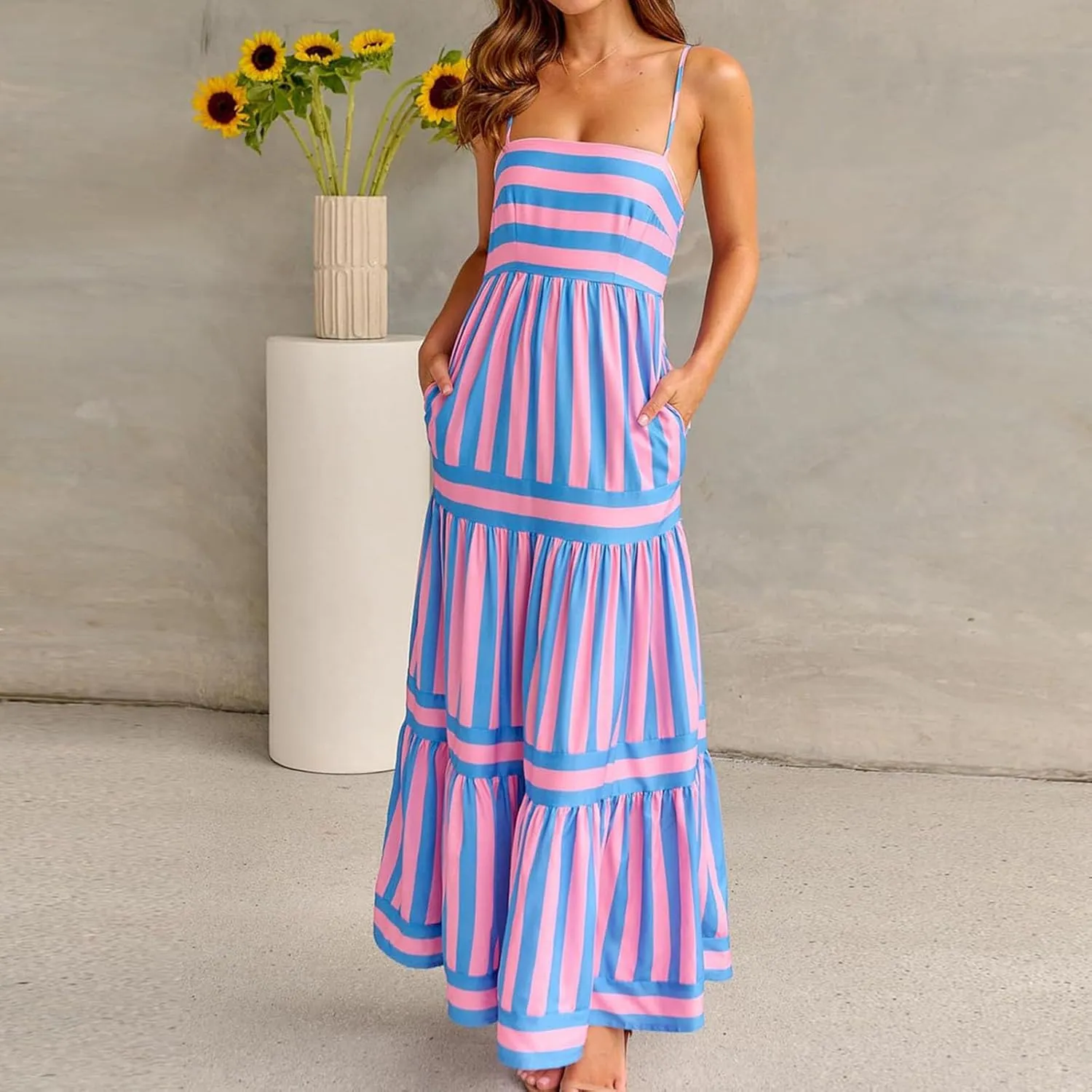 Womens Striped Maxi Dress Summer Fashion Slim Strap Sleeveless Cutout Long Dress Flowy Swing Beach Sundress 2025
