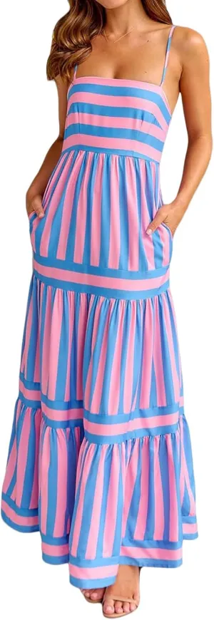 Womens Striped Maxi Dress Summer Fashion Slim Strap Sleeveless Cutout Long Dress Flowy Swing Beach Sundress 2025