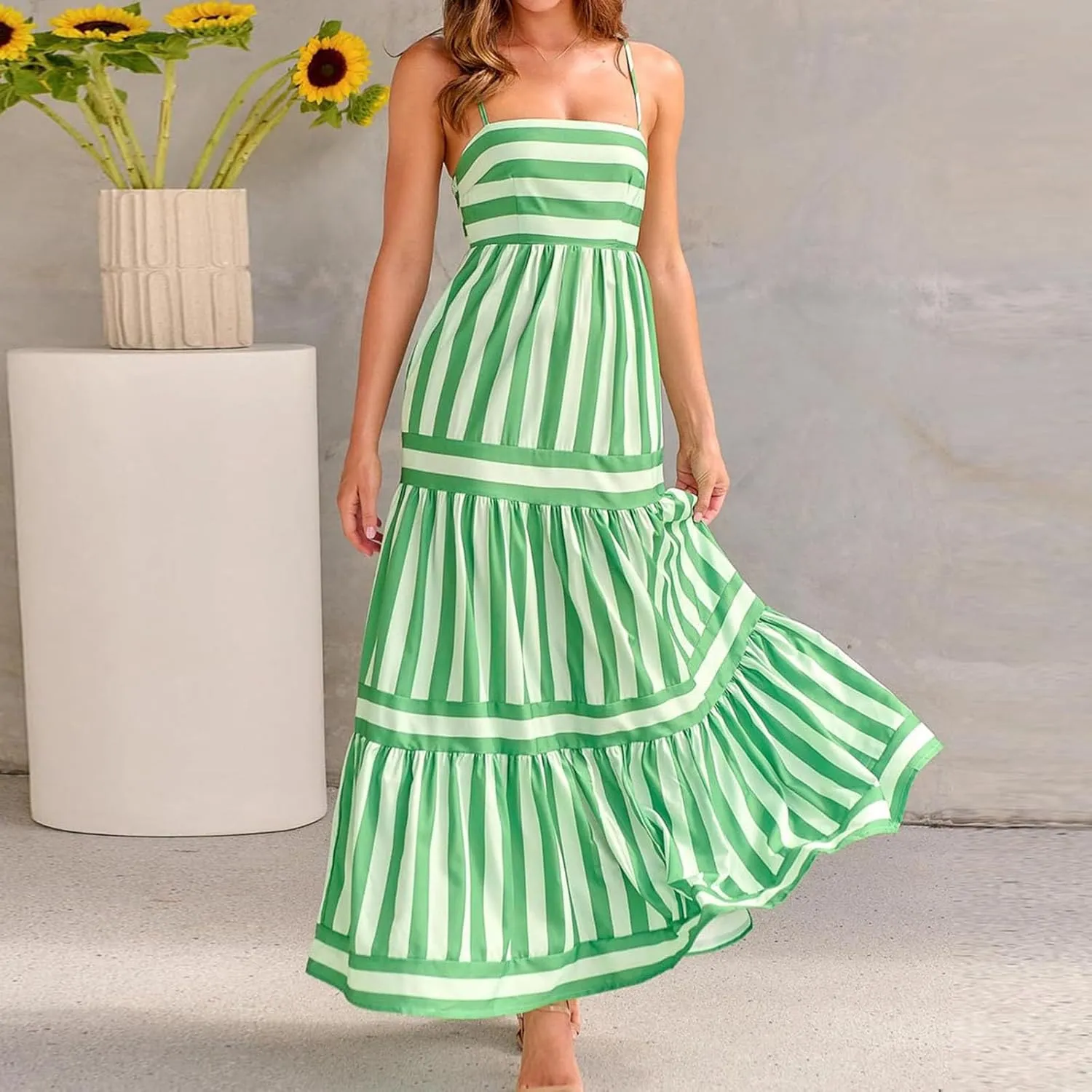 Womens Striped Maxi Dress Summer Fashion Slim Strap Sleeveless Cutout Long Dress Flowy Swing Beach Sundress 2025