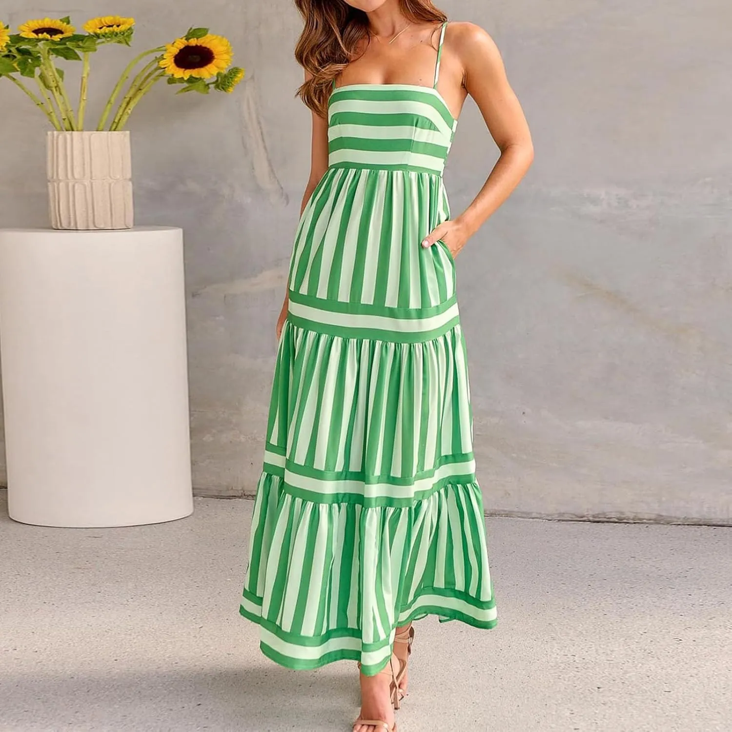 Womens Striped Maxi Dress Summer Fashion Slim Strap Sleeveless Cutout Long Dress Flowy Swing Beach Sundress 2025