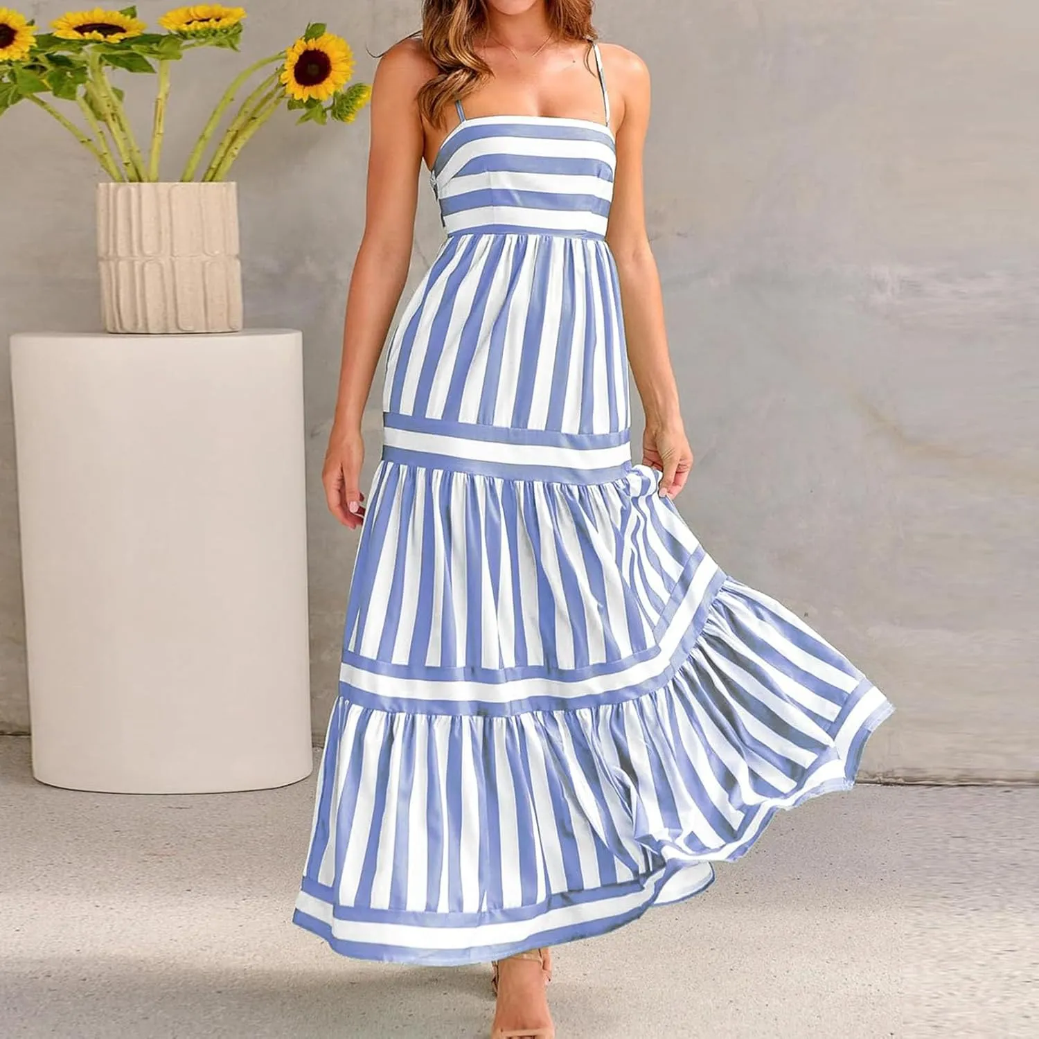 Womens Striped Maxi Dress Summer Fashion Slim Strap Sleeveless Cutout Long Dress Flowy Swing Beach Sundress 2025