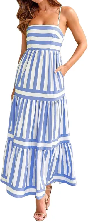 Womens Striped Maxi Dress Summer Fashion Slim Strap Sleeveless Cutout Long Dress Flowy Swing Beach Sundress 2025