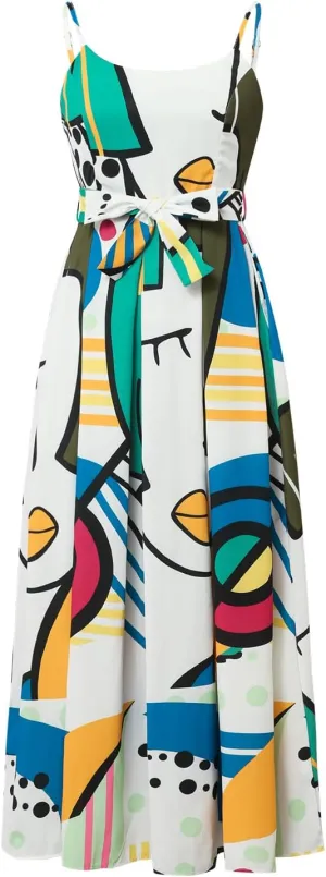 Women's Summer Casual Boho Sundress Spaghetti Strap Geometric Graffiti Print Midi Dresses with Belt A Line Beach Dress