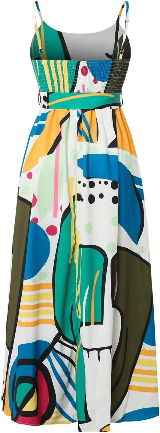 Women's Summer Casual Boho Sundress Spaghetti Strap Geometric Graffiti Print Midi Dresses with Belt A Line Beach Dress