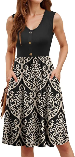 Womens Summer Casual Button Down Mini Dress Floral Beach Sundresses V Neck Flowy A Line Color Block Pocket Tank Dress