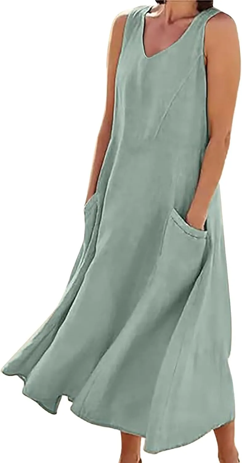 Women's Summer Casual Loose Sundresd Women's Summer Casual Sleeveless Long Maxi Beach Dress Cotton Linen Summer