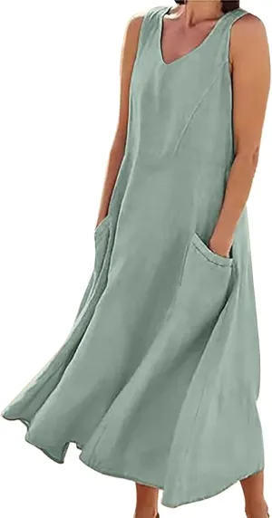 Women's Summer Casual Loose Sundresd Women's Summer Casual Sleeveless Long Maxi Beach Dress Cotton Linen Summer