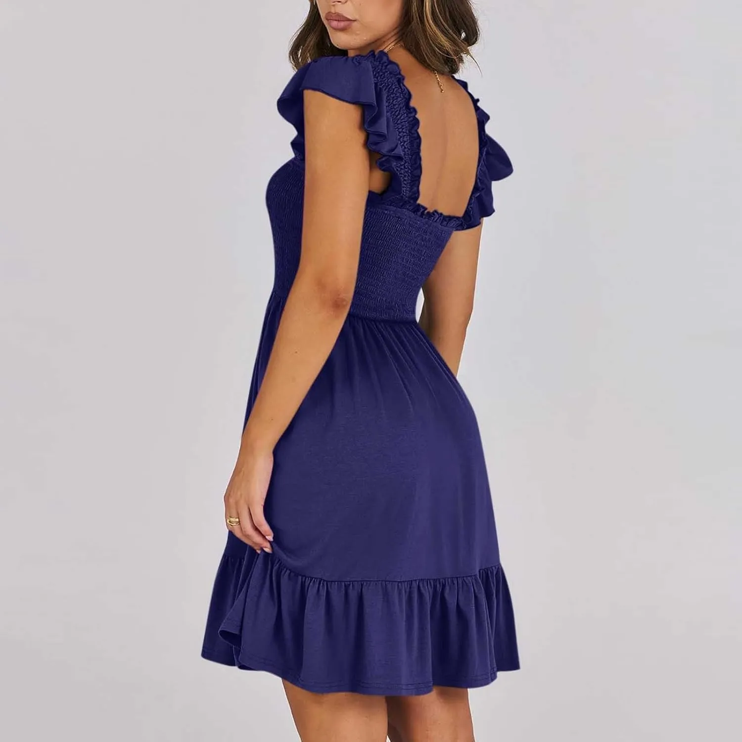 Womens Summer Casual Sleeveless Square Neck Smocked Ruffle Backless Boho Mini Dress Trendy Beach Vacation Short Sundress