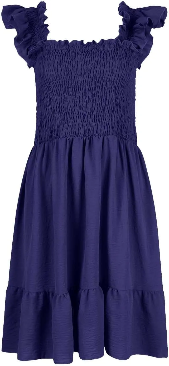 Womens Summer Casual Sleeveless Square Neck Smocked Ruffle Backless Boho Mini Dress Trendy Beach Vacation Short Sundress