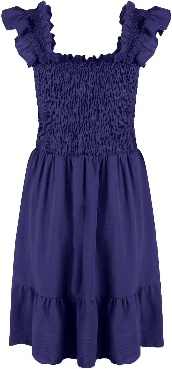 Womens Summer Casual Sleeveless Square Neck Smocked Ruffle Backless Boho Mini Dress Trendy Beach Vacation Short Sundress
