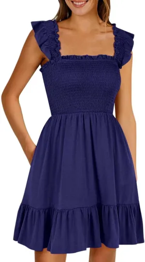 Womens Summer Casual Sleeveless Square Neck Smocked Ruffle Backless Boho Mini Dress Trendy Beach Vacation Short Sundress