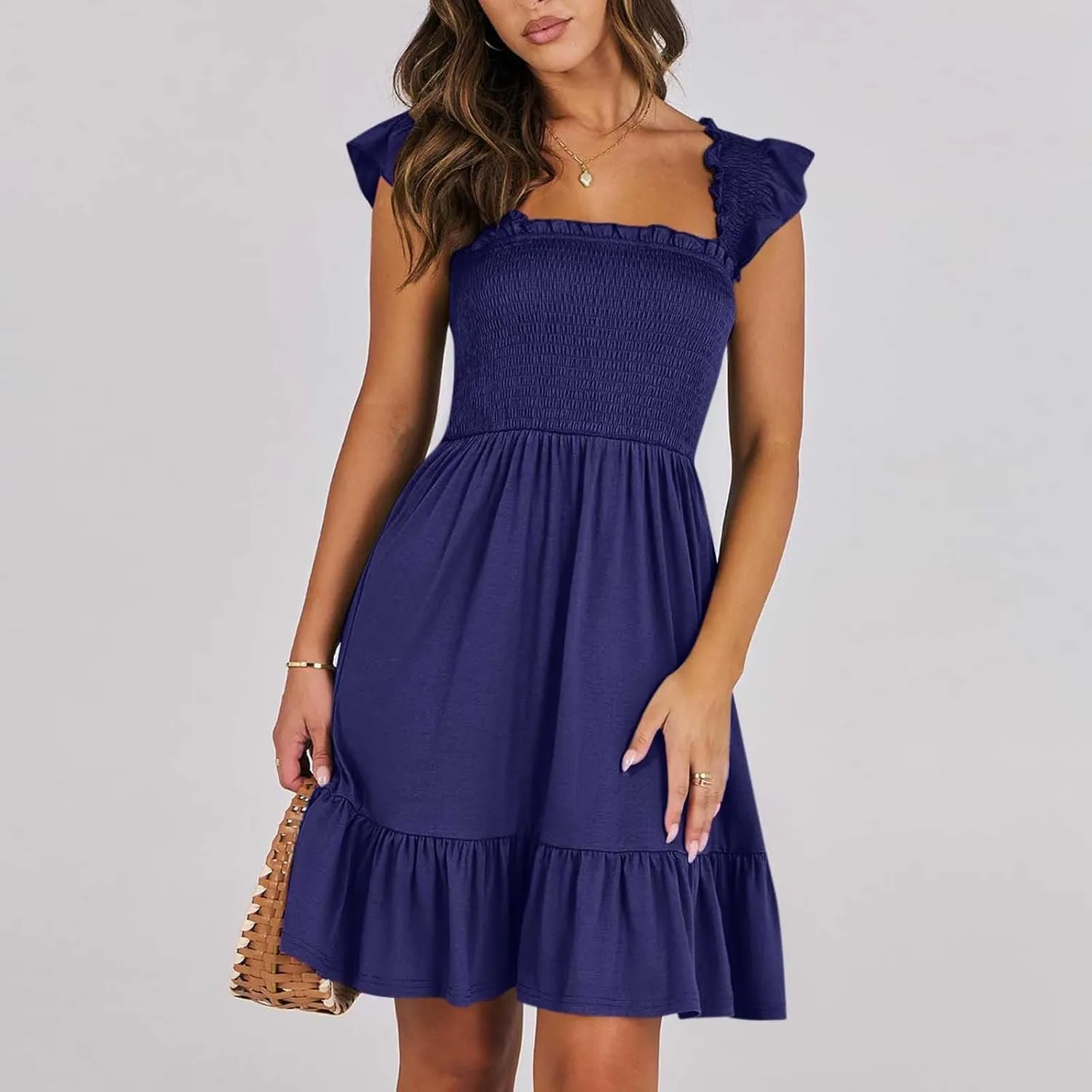 Womens Summer Casual Sleeveless Square Neck Smocked Ruffle Backless Boho Mini Dress Trendy Beach Vacation Short Sundress