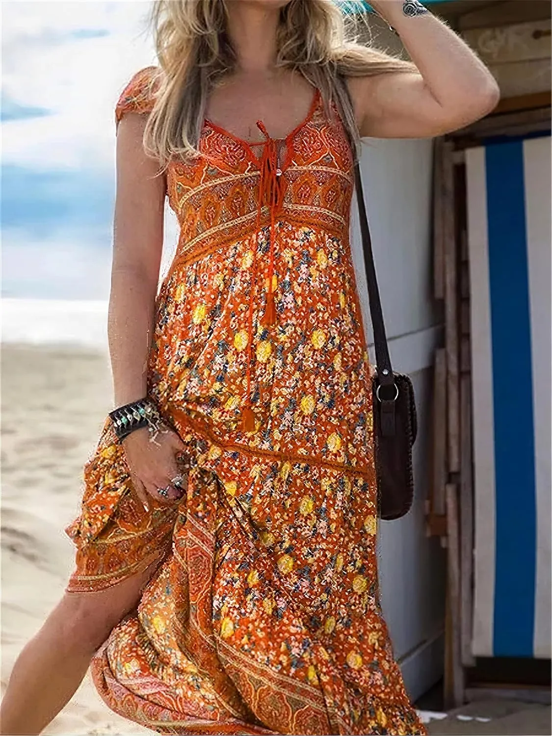 Womens Summer Chest Strap Sexy V Neck Boho Floral Dress Short Sleeve Beach Swing Midi Sundress
