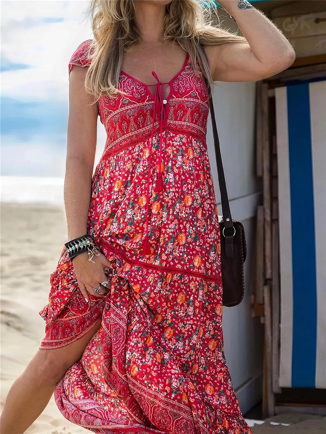 Womens Summer Chest Strap Sexy V Neck Boho Floral Dress Short Sleeve Beach Swing Midi Sundress