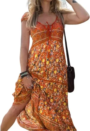 Womens Summer Chest Strap Sexy V Neck Boho Floral Dress Short Sleeve Beach Swing Midi Sundress
