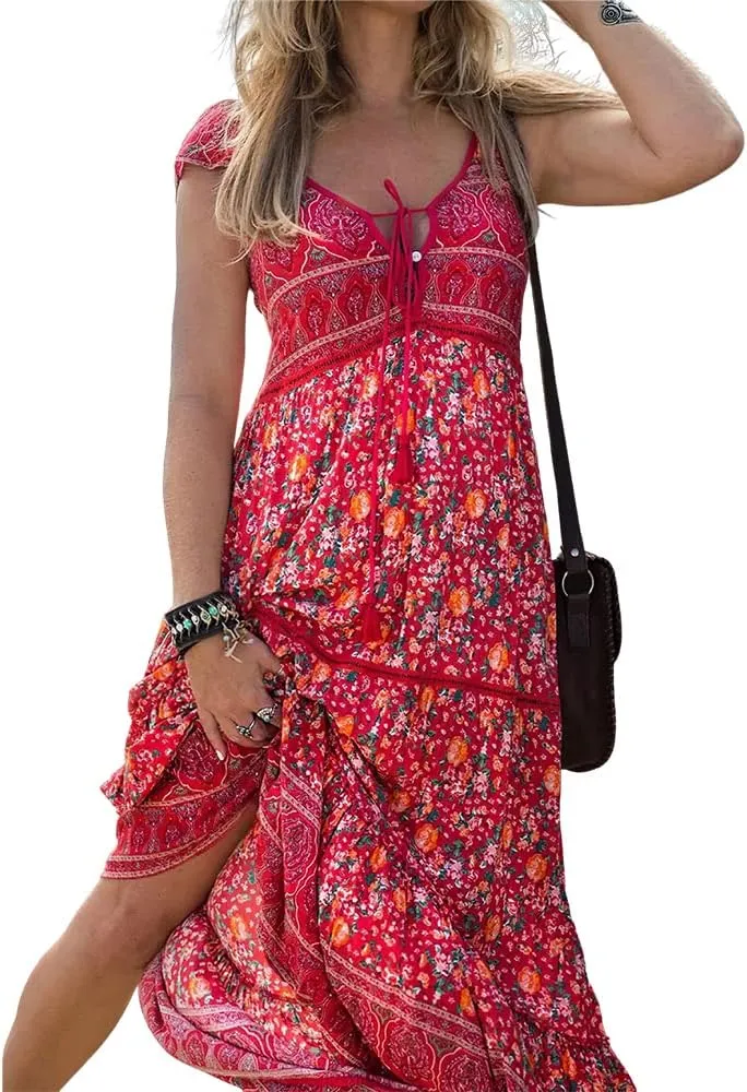 Womens Summer Chest Strap Sexy V Neck Boho Floral Dress Short Sleeve Beach Swing Midi Sundress