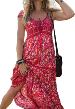 Womens Summer Chest Strap Sexy V Neck Boho Floral Dress Short Sleeve Beach Swing Midi Sundress
