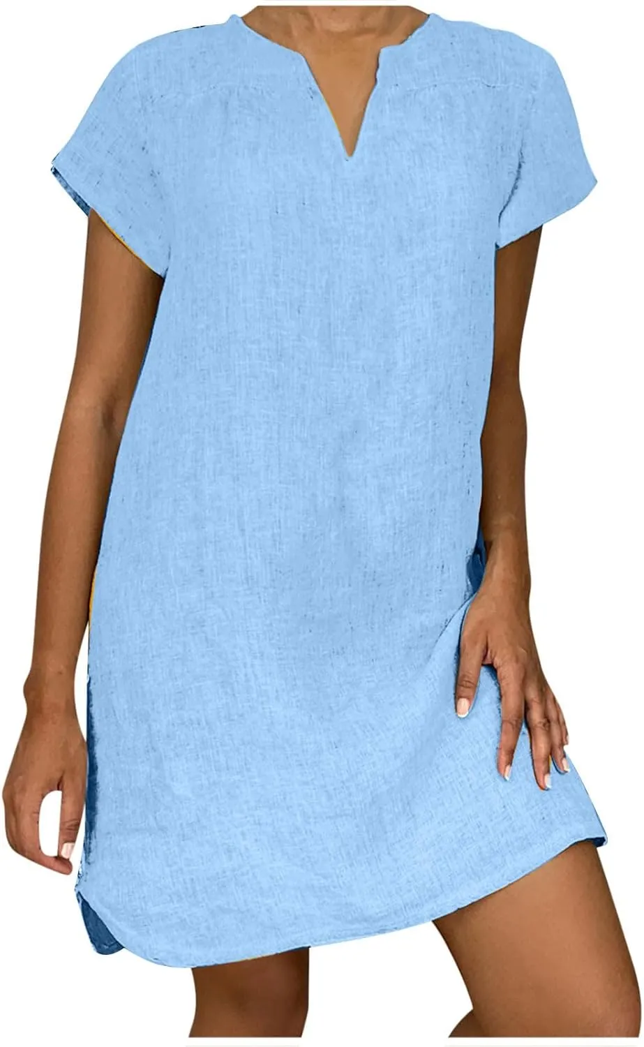 Womens Summer Cotton Linen Dresses Casual V Neck Short Sleeve Midi Dress Floral Embroidery Shirt Dress Plus Size S-5X Deals of The Day 2024 Vacation Sun Dresses Women, Small, Light Blue R
