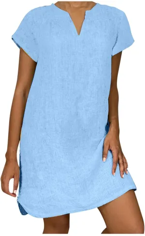 Womens Summer Cotton Linen Dresses Casual V Neck Short Sleeve Midi Dress Floral Embroidery Shirt Dress Plus Size S-5X Deals of The Day 2024 Vacation Sun Dresses Women, Small, Light Blue R