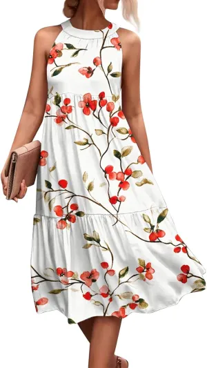 Womens Summer Dress 2025 Sleeveless Halter Neck Boho Floral Printed Sundress Beach Vacation Party Dresses