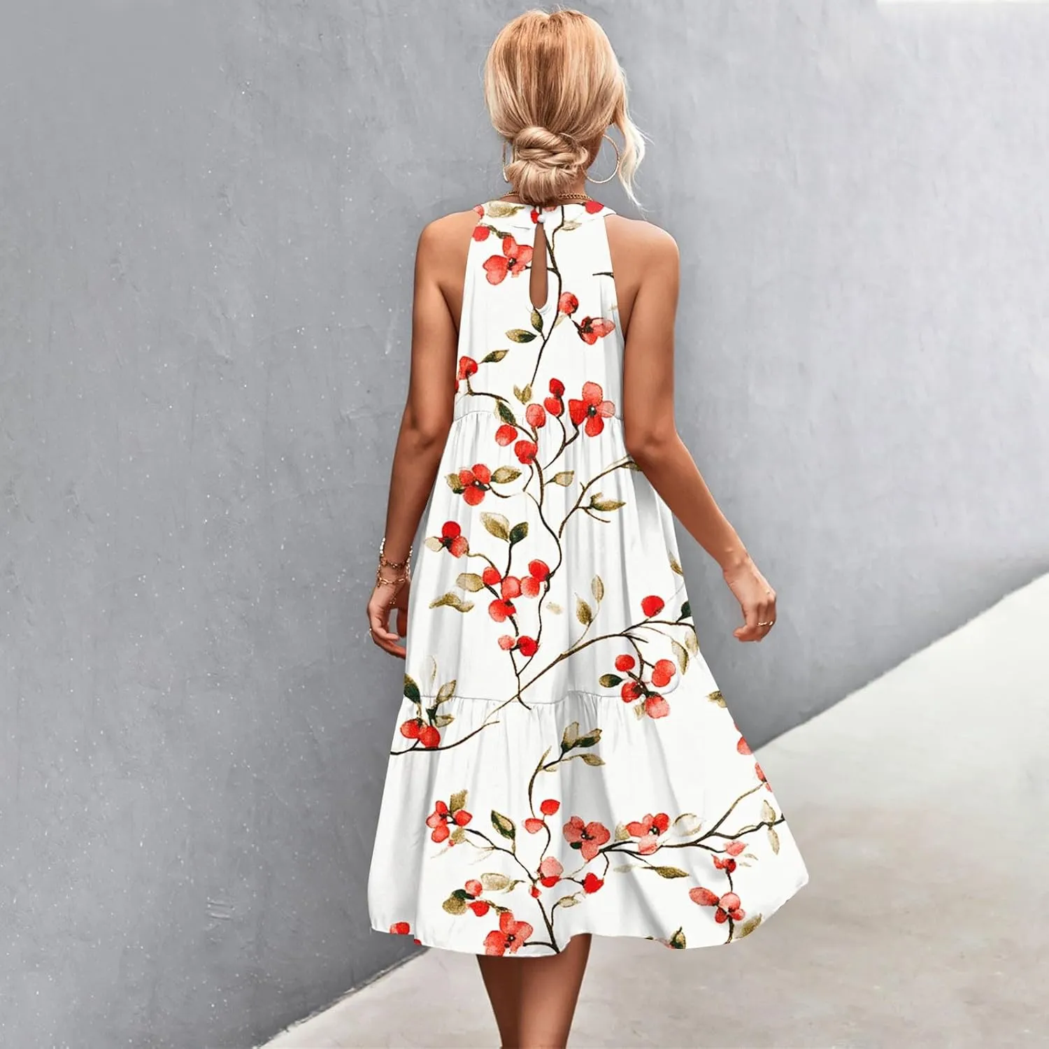 Womens Summer Dress 2025 Sleeveless Halter Neck Boho Floral Printed Sundress Beach Vacation Party Dresses