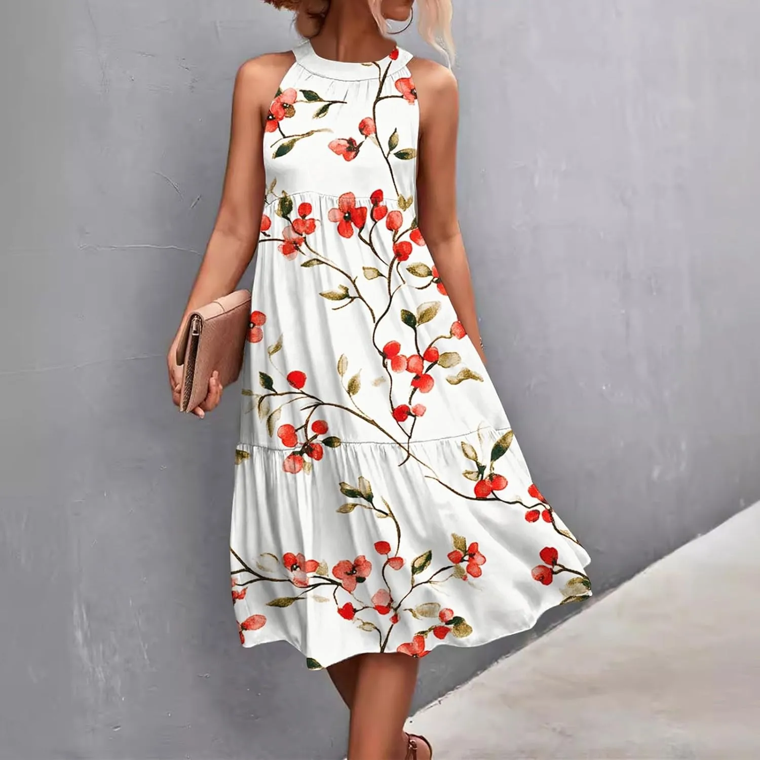 Womens Summer Dress 2025 Sleeveless Halter Neck Boho Floral Printed Sundress Beach Vacation Party Dresses