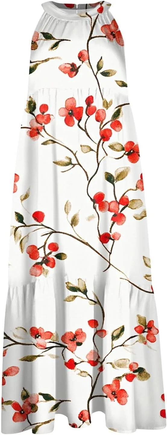 Womens Summer Dress 2025 Sleeveless Halter Neck Boho Floral Printed Sundress Beach Vacation Party Dresses