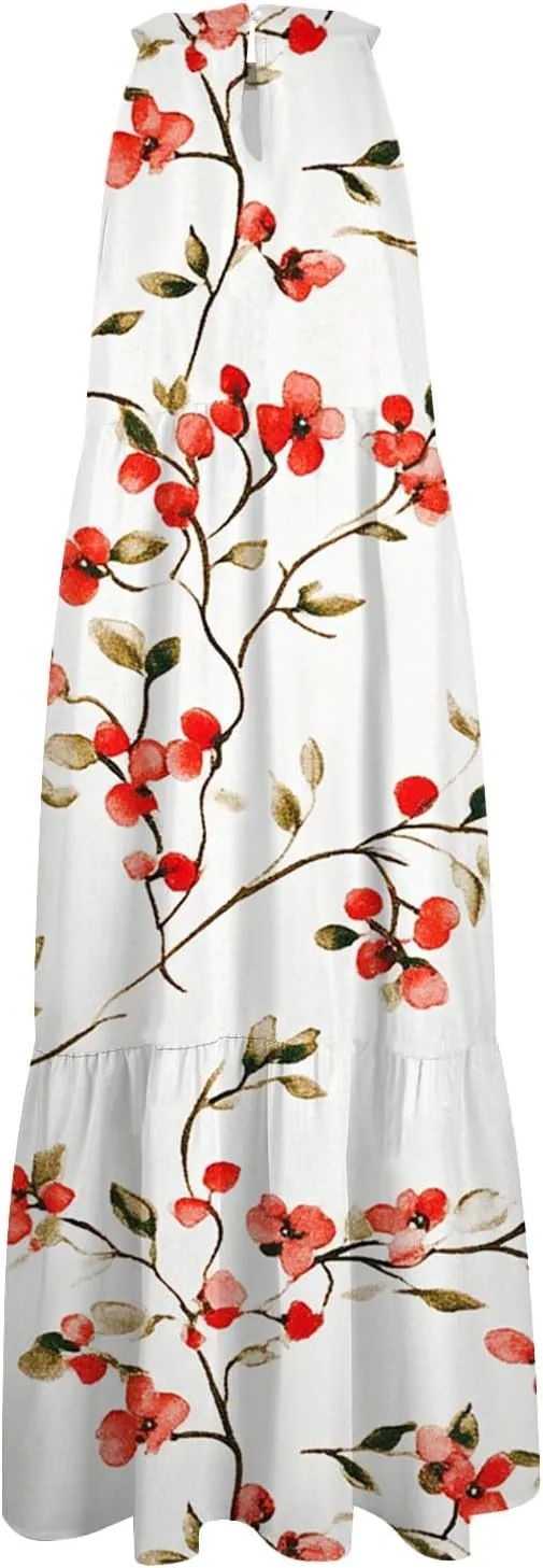 Womens Summer Dress 2025 Sleeveless Halter Neck Boho Floral Printed Sundress Beach Vacation Party Dresses