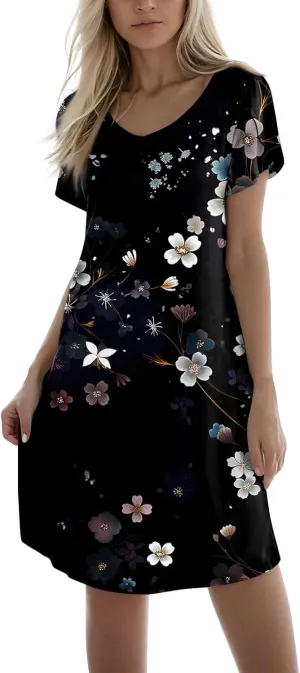 Women's Summer Dress Casual V Neck Short Sleeve Flowy Beach Loose Floral Tshirt Mini Dresses Casual, S-3XL